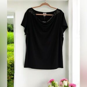 JACLYN SMITH EMBELLISHED DRAPE NECK SHORT SLEEVE BLOUSE BLACK SIZE XXL NEW